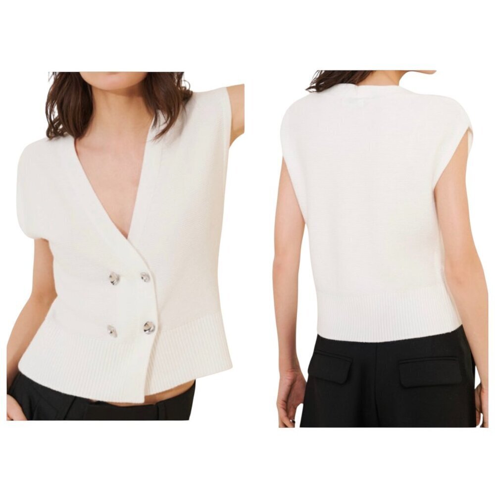 525 America Jayda Double Breasted White Sweater Vest Silver Buttons